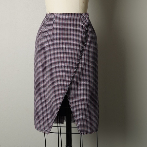 Shell N Wrap Tweed Fringe Knee Pencil Skirt Red S Work Office Preppy Classic - Picture 2 of 4